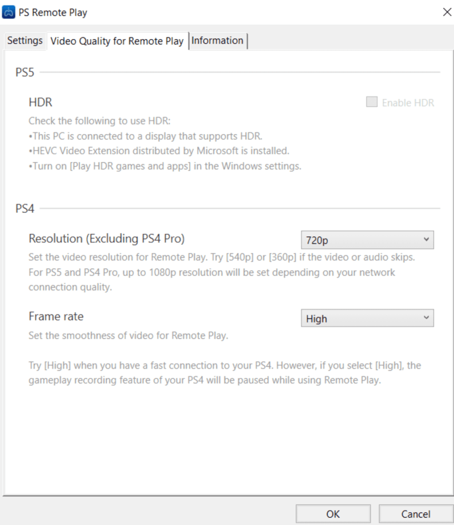  Settings in the Remote Play application