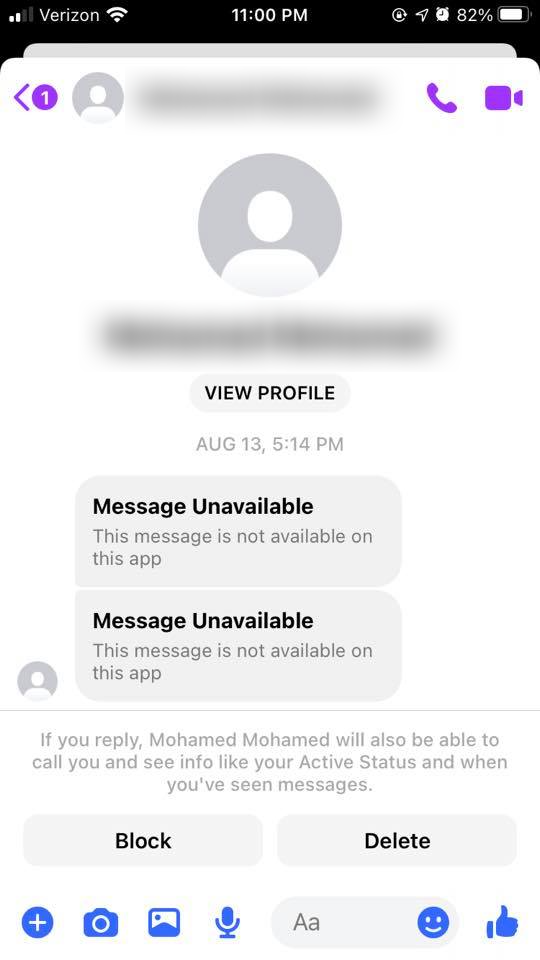 Message unavailable on Messenger