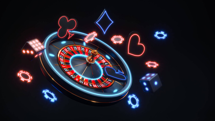 casino neon background with roulette poker chips falling premium photo scaled 1